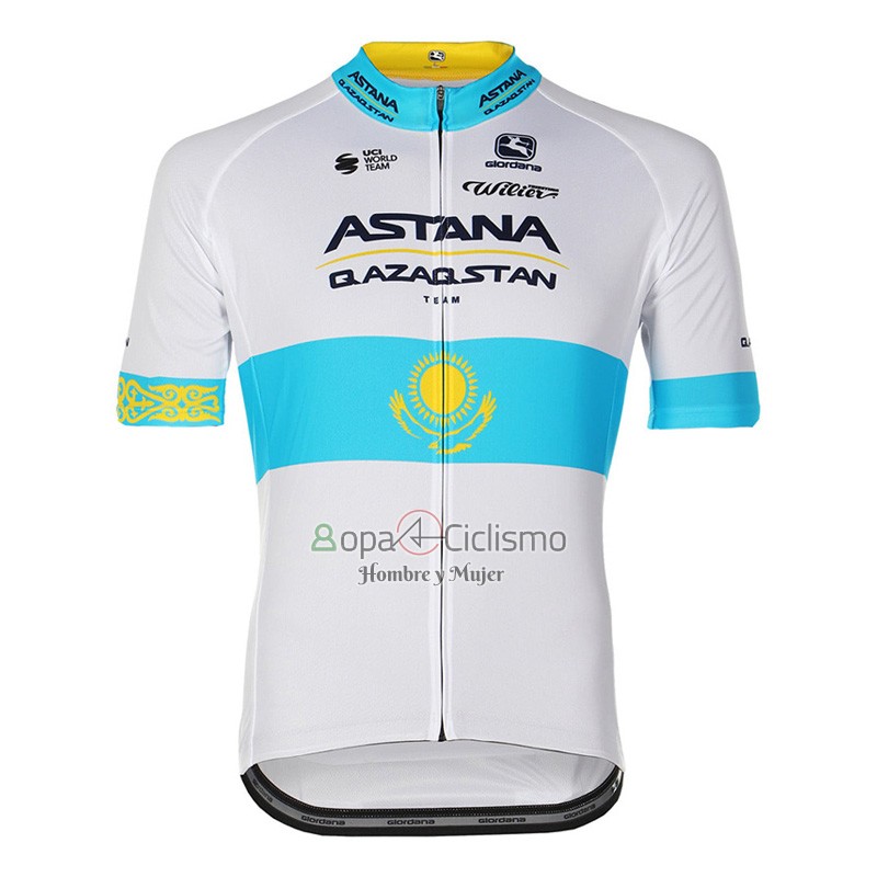 Astana Qazaqstan Team Ropa Ciclismo Culotte Corto 2023 Mangas Cortas Blanco Azul